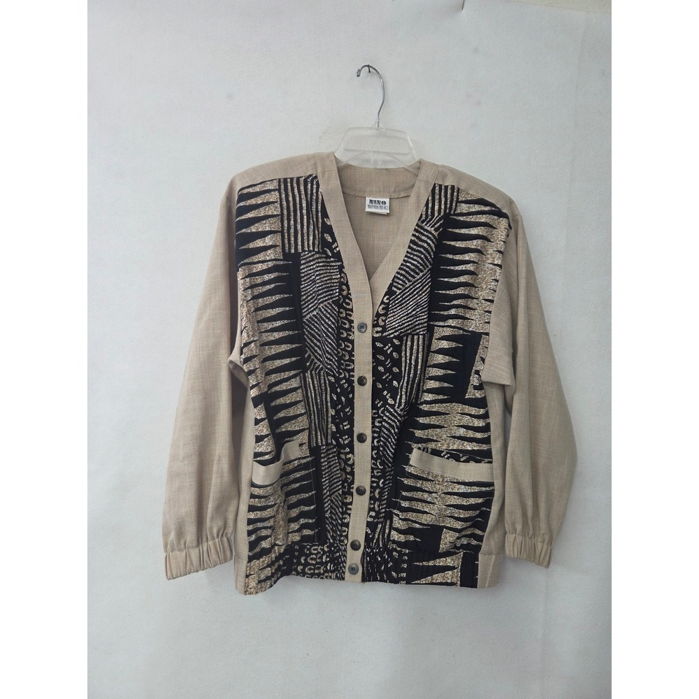 Nino Wong Jacket Women Small Beige Black Abstract Mixed Print Vintage USA Made
